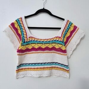 POL Crochet Top Sz S Cropped Open Knit Flutter Boho Cottagecore Hippie Granny